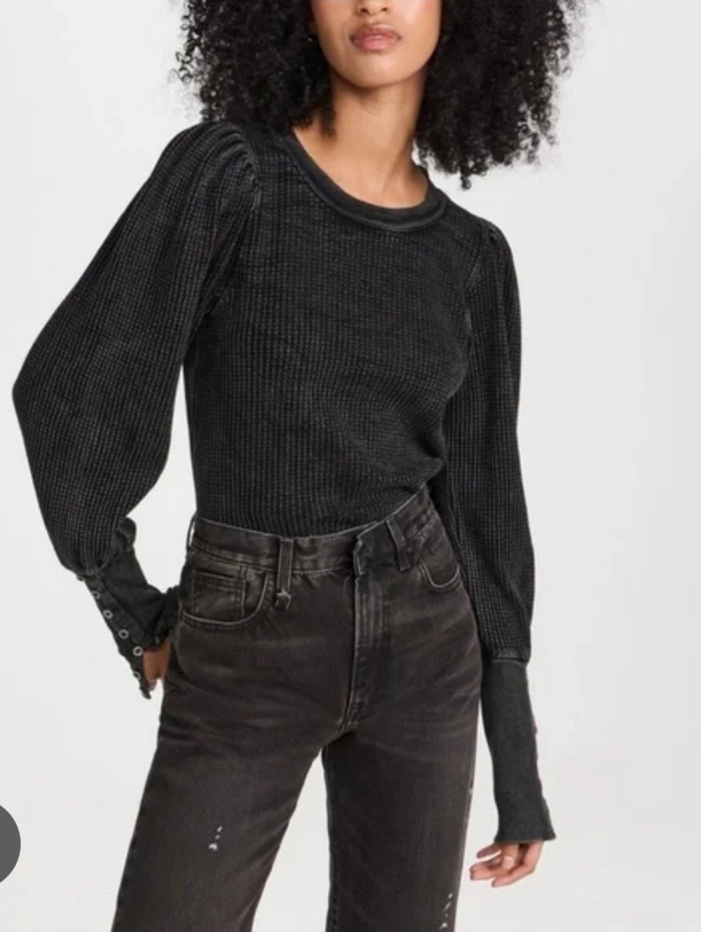 FP One free people black long knit puff sleeve lace sleeve tasha thermal top S